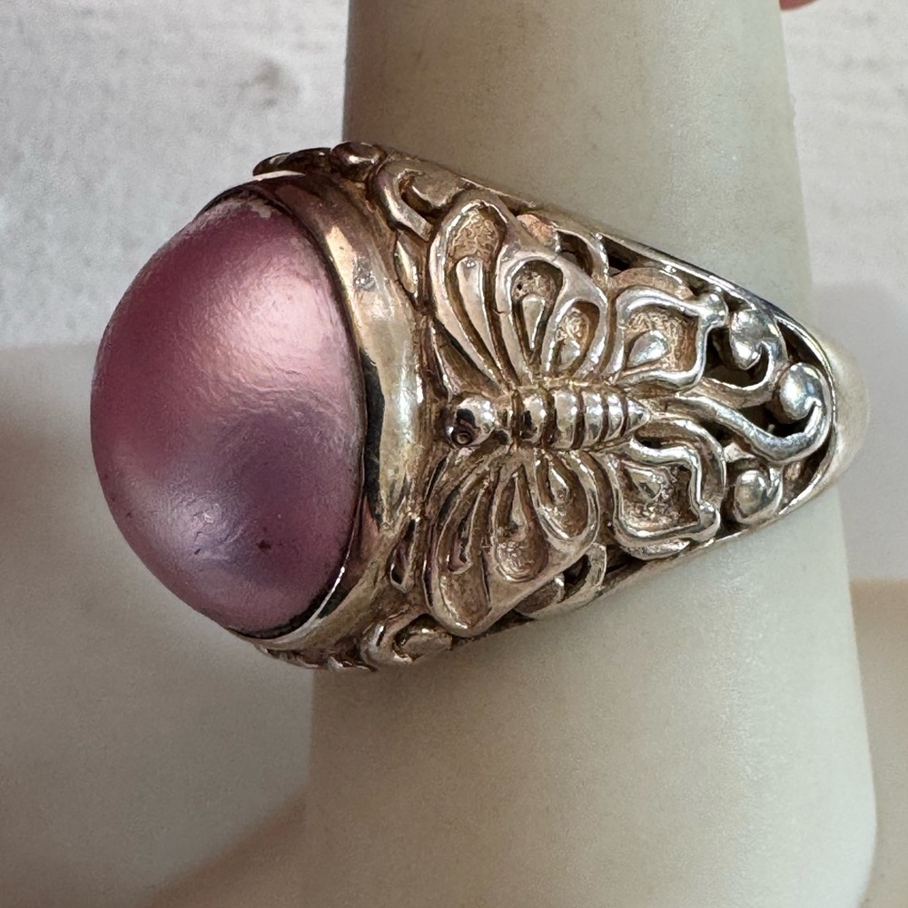 925 Pink Pearl Butterfly Ring
